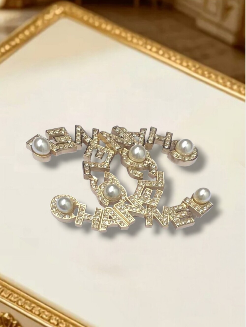 Designer Inspired Gold and Pearl Lettering Brooch
